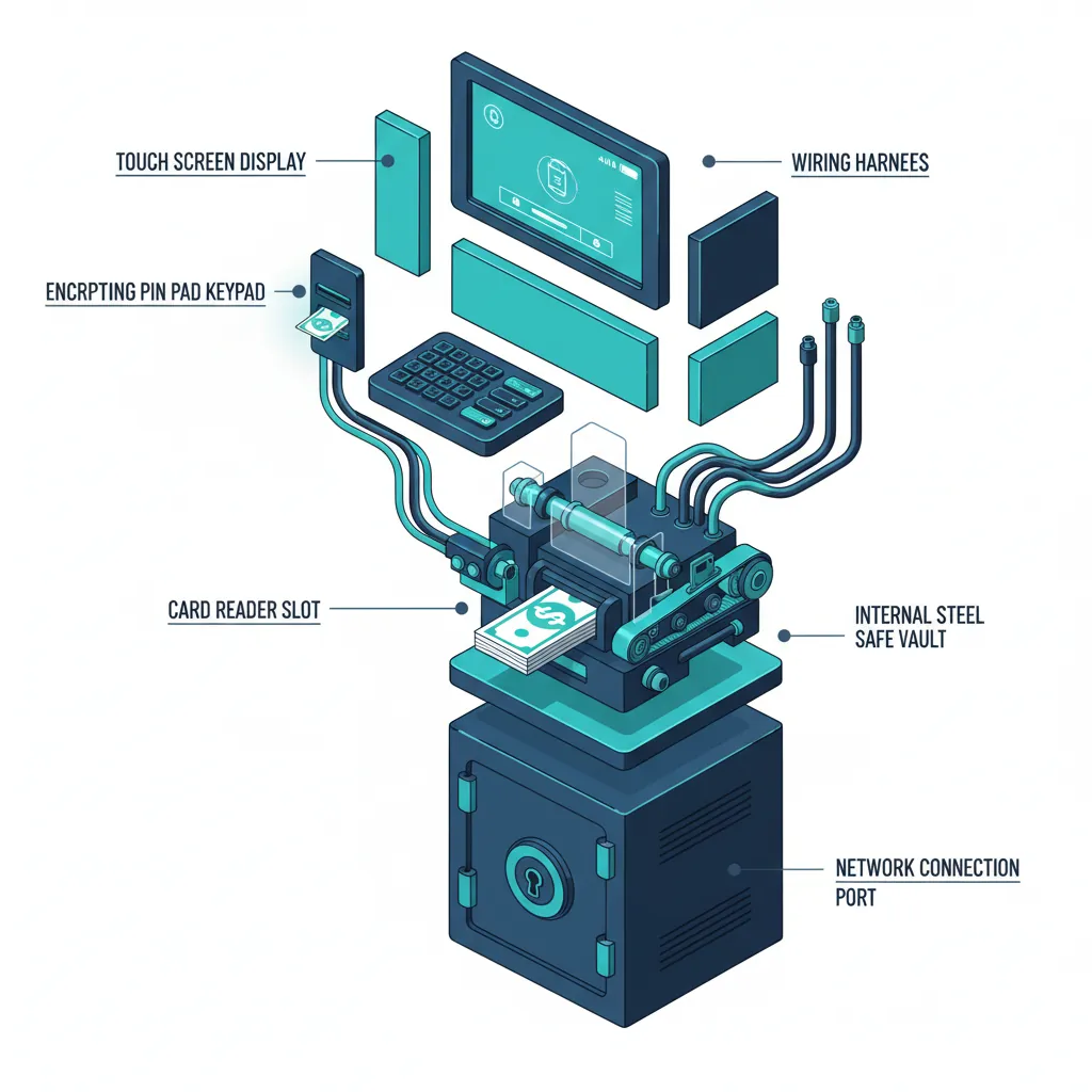 Diagrama educativo ilustrando os componentes internos de um caixa eletrônico ATM moderno