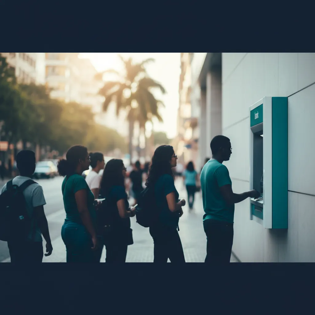 Fila de pessoas esperando em frente a caixa eletrônico ATM em rua urbana brasileira